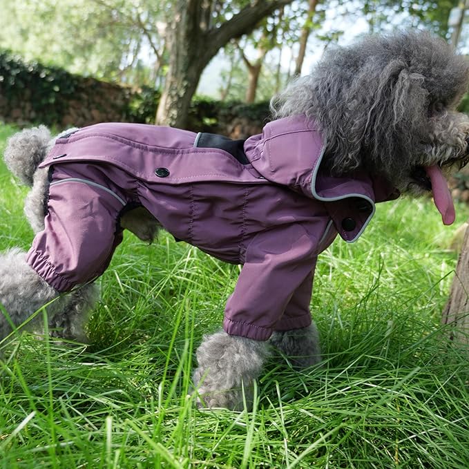 LOVELONGLONG Waterproof Dog Raincoat with Removable Hood – Outdoor Full Body Dog Jacket, Windproof Snowproof Shell Suit – All Season Pet Rain Gear Plum Purple S+
