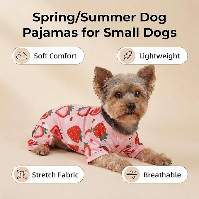 Dog Pajamas Spring Summer Dog Clothes for Small Medium Dogs Strawberry Print Girl Boy Cute Soft Puppy Pjs Clothes Doggie Onesies Cat Pet Jammies Outfit(Strawberry,L)