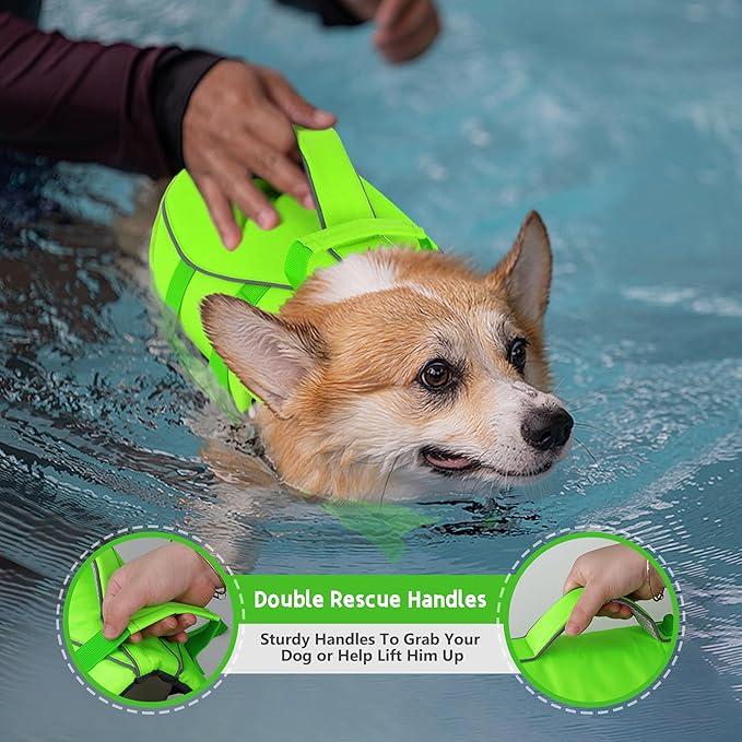 Dogcheer Dog Life Jacket with Double Rescue Handle, Reflective Dog Harness Life Vest for Swimming Boating, Adjustable Pet Swim Vest Dog Flotation Device DFD for Small Medium Large Dogs - Green L