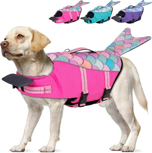 cyeollo Dog Life Jacket Reflective Mermaid Dog Life Vest for Swimming Boating, High Buoyancy Pet Life Preserver Lightweight Large Dogs Lifejackets with Front Float, Pink XL