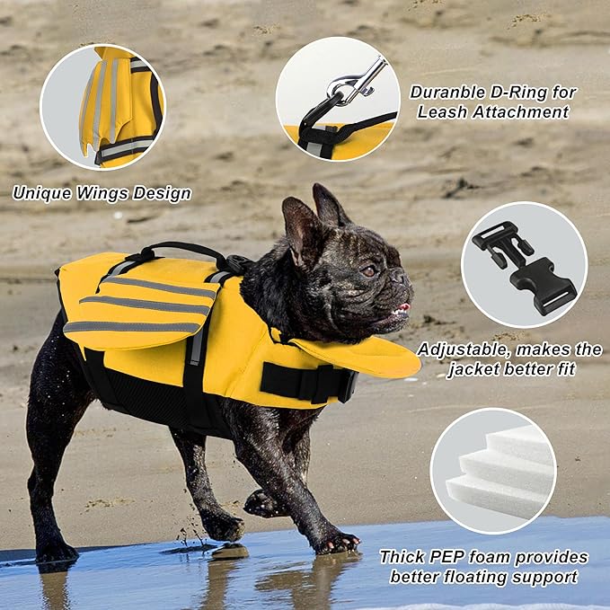 Dog Life Jacket, Cute Wings Adjustable Dog Life Vest with Chin Float and Handle for Swimming Boating Reflective High Buoyancy Swim Float Vest for Small Medium Large Dogs (Yellow, M)