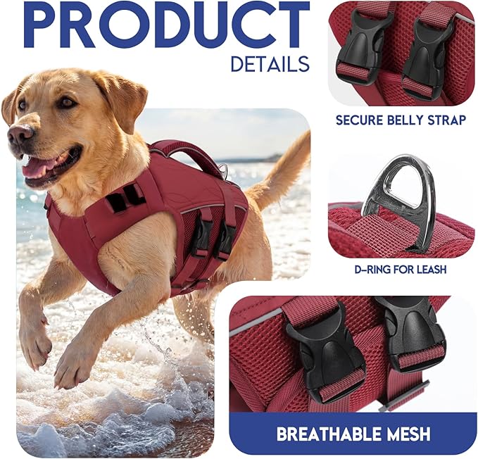 ASENKU Dog Life Jacket, High Floatation Dog Swimming Vest with Rescue Handles for Small Medium Large Dogs, Pet Safety Swimsuit Preserver for Pool Beach Boating (WineRed, S)
