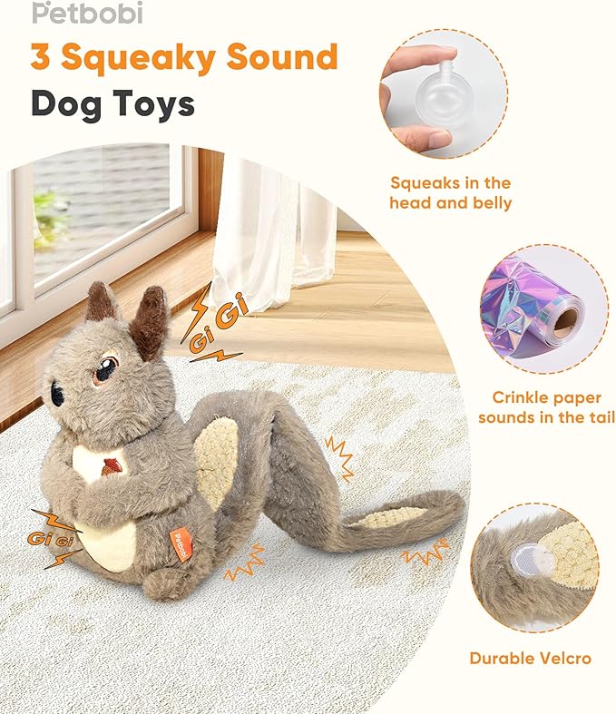 Petbobi Squeaky Dog Toy – Interactive Plush Squirrel Enrichment Toy with Treat-Hiding Pockets & Slow Feeder Puzzle for Small & Medium Dogs | Keeps Dogs Busy, Relieves Boredom & Anxiety