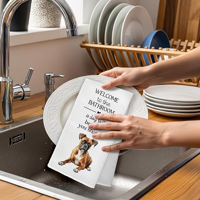 Funny Boxer Dog Hand Towels, Boxer Gifts for Women Hand Towel, A Dog Will Be with You Shortly Decorative Towels Bath Towel for Bathroom, Funny BoxerDog Bathroom Decor, 16x24in