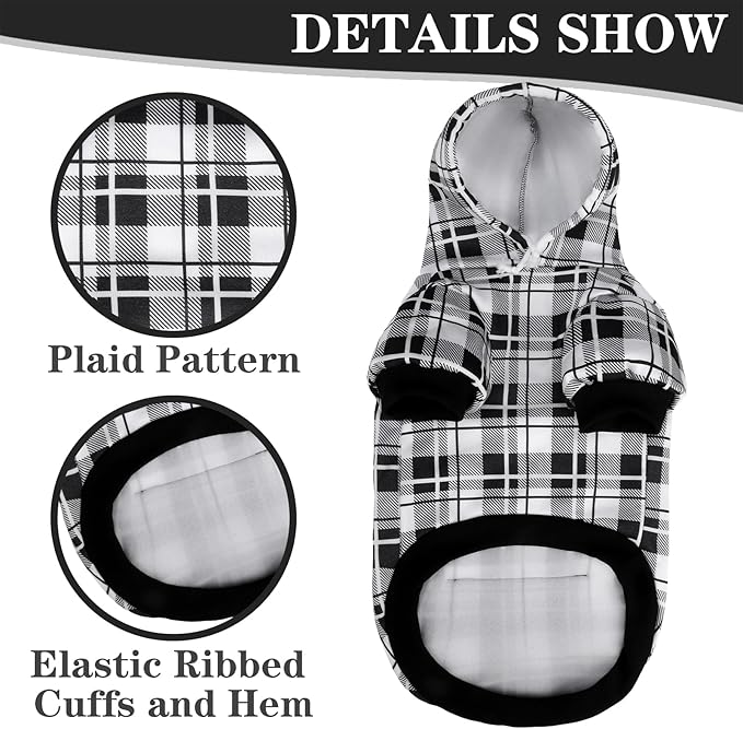 EXPAWLORER Plaid Dog Hoodie - British Style Warm Dog Sweater Shirt with Leash Hole,Pitbull Clothes Outfits,Winter Coat Apparel for All Breeds Puppy Girl Boy-Cat Apparel,Black & White X-Large