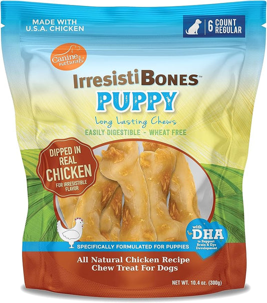 Canine Naturals IrresistiBONES Long Lasting Puppy Chicken and Rice Chew - Made with USA Chicken - All Natural - Added DHA for Healthy Growth - 6 Pack