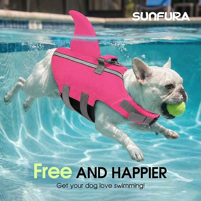 SUNFURA Dog Life Jacket Shark Life Vest for Dogs, Adjustable Swmming Vest with High Buoyancy, Safety Lifesaver with Rescue Handle for French Bulldog Small Medium Breeds, Hot Pink L