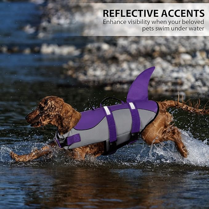 Queenmore Dog Shark Life Jacket with Rescue Handle - Adjustable Reflective Dog Life Preserver for Small Dogs, Purple