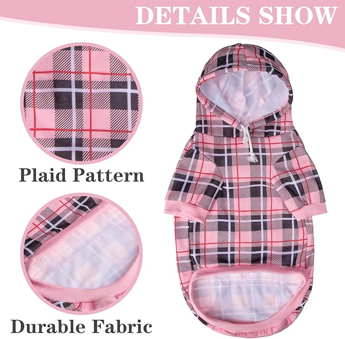 EXPAWLORER Plaid Dog Hoodie - British Style Warm Dog Sweater Shirt with Leash Hole,Pitbull Clothes Outfits,Winter Coat Apparel for All Breeds Puppy Girl Boy-Cat Apparel,Pink S-Medium