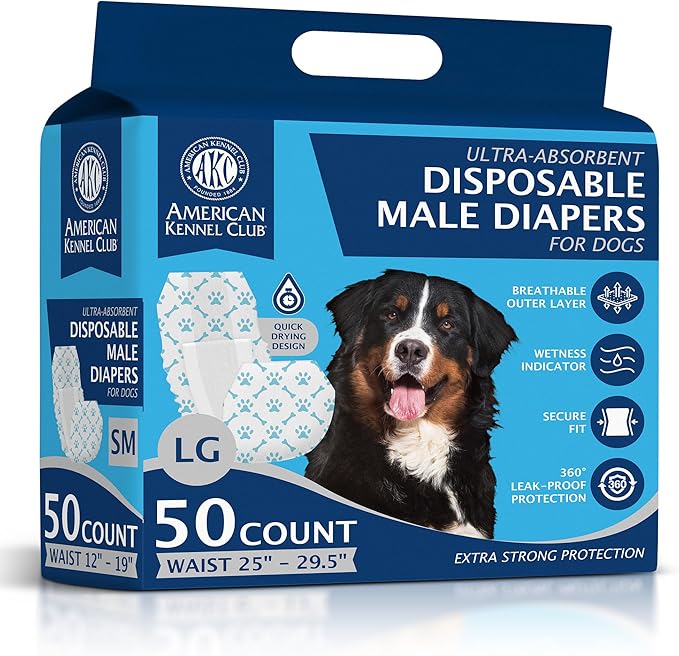 American Kennel Club Male Dog Wrap, Disposable Diapers with Wetness Indicator, Large, 50 Count (Pack of 6)