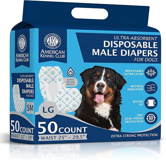American Kennel Club Male Dog Wrap, Disposable Diapers with Wetness Indicator, Large, 50 Count (Pack of 6)