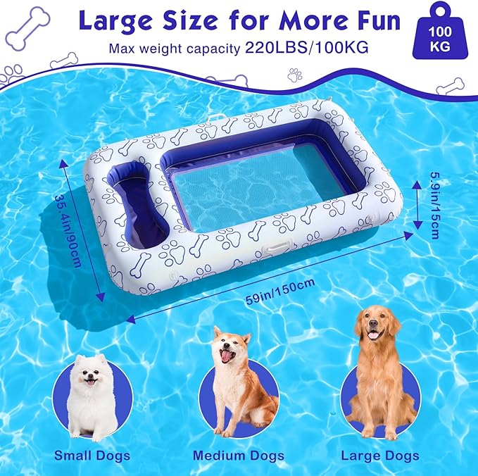 MoKo Dog Pool Float, 59 x 35 Inch Cooling Water Permeable Pet Float, Breathable Mesh Dog Pool Raft with Built-in Storage Area for Pet Toys and Food for Lake Park River Beach, White & Mesh