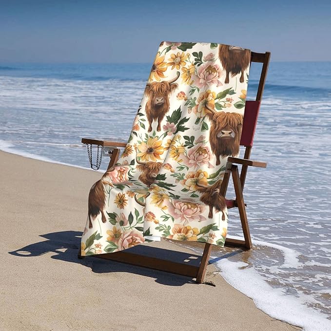 Highland Cow Floral Beach Towel 31inx51in, Rustic Farm Sand-Free Microfiber Bath Towel Ultra Soft Quick Dry Pool Towel Absorbent Towel Lightweight Towel for Swimming Bathroom Decor