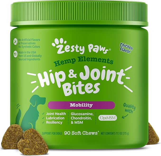 Zesty Paws Mobility Bites Joint Supplement for Dogs - Soft Chews with Glucosamine for Dogs, Chondroitin, & MSM + Vitamins C and E - Hemp - Chicken - 90ct