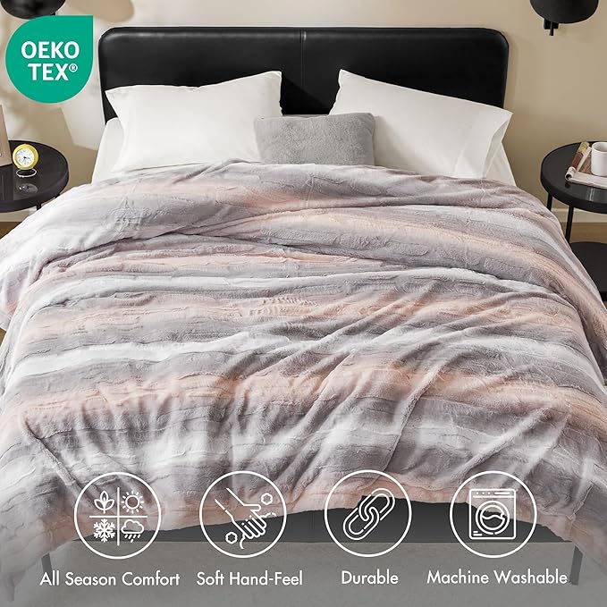 Madison Park Ultra-Soft Poly Fur, Reversible Plush, All Season & Lightweight Fuzzy Blanket for Bed, Couch & Sofa, Zuri, King/Cal King Blush/Grey