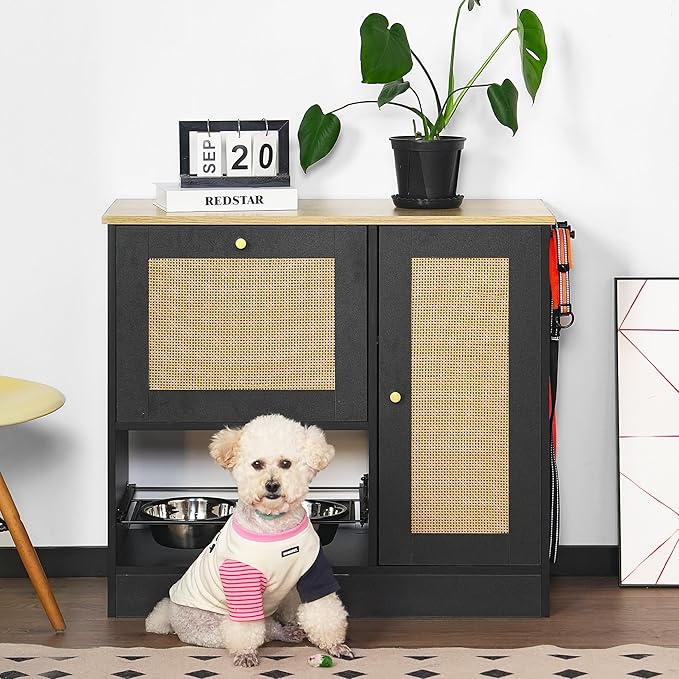 Pet Feeder Station with 2 Lockers, Dog Feeding Station Dog Food Toy Storage Cabinet Storage Container with 2 Pull Out Bowls, Adjustable Panel, Side Hooks, Rattan Door, Black (33.1" Lx14.6 Wx29.6 H)