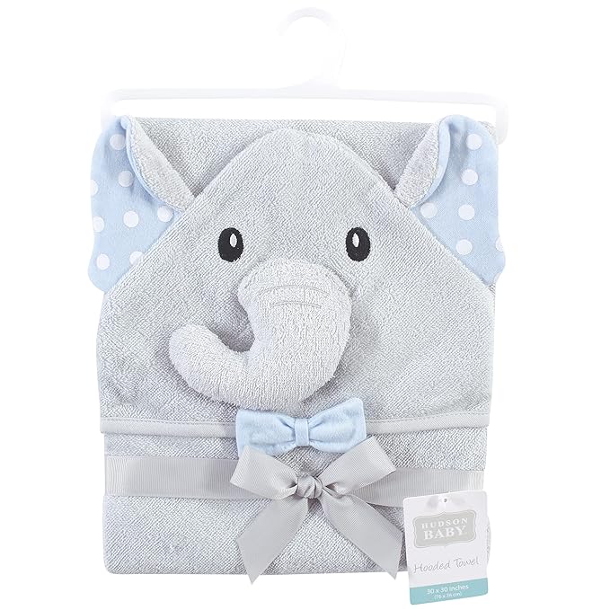 Hudson Baby Unisex Baby Cotton Animal Face Hooded Towel, White Dots Gray Elephant, One Size