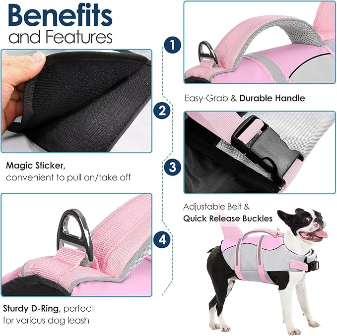 AOFITEE Dog Life Vest, Dog Life Jacket Shark, Reflective Puppy Safety Vest with Superior Buoyancy and Rescue Handle, Adjustable Dogs Swimsuit Float Coat for Small Medium Large Dogs, XS