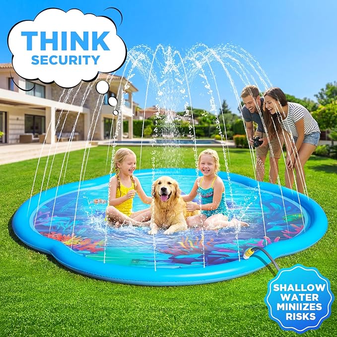 Splash Pad Sprinkler for Kids & Dog, 75" Round Sea World Splash Pad for Toddler 4-8, Thicken Outdoor Water Toy Play Mat for Children, Backyard Inflatable Sprinkler Shallow Pool Fountain Pad