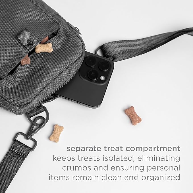 Ubbi Dog Treat Pouch for Training & Walking, 3-Way Wear Options - Crossbody, Waist, or Clip-On - with Magnetic Closure & Poop Bag Dispenser, Recycled RPET, Charcoal Gray