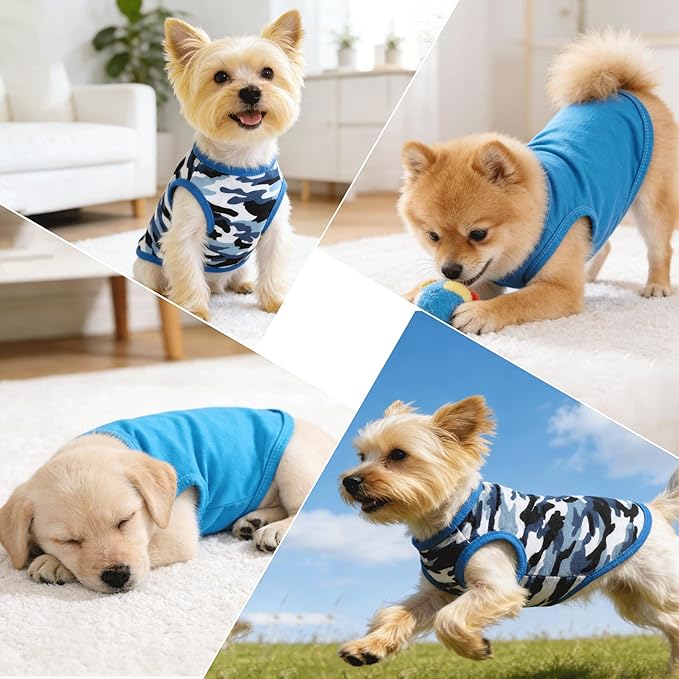 2 Pack Dog Shirts for Small Dogs Girl Boy Camouflage Puppy Clothes Pet T Shirts Dog Clothes for Small Dogs Cats Apparel (Blue Camouflage + Solid Color, XXS)