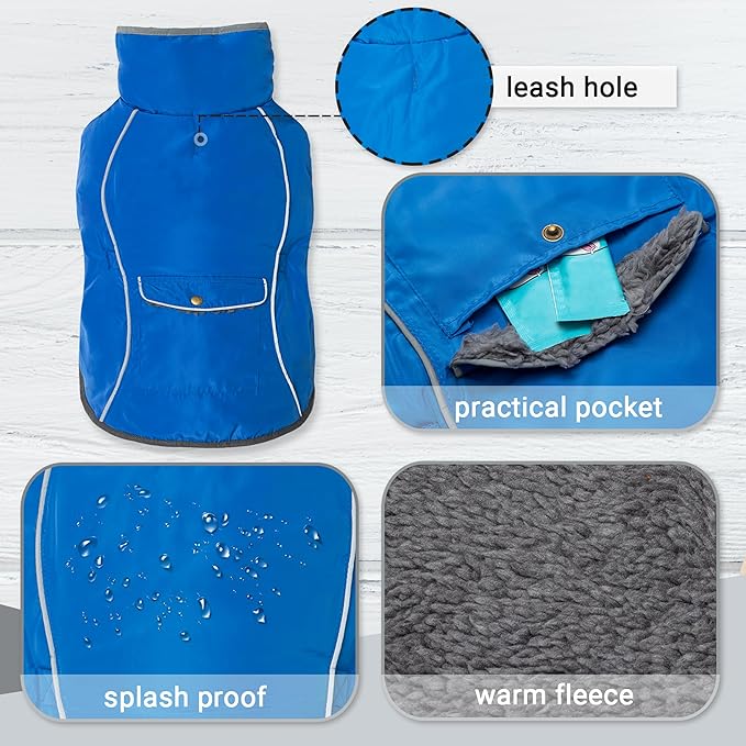 Dog Winter Coat - Warm Dog Clothes for Rain Snow Wind Cold Weather - Reflective Blue Adjustable Windproof Pet Vest Jacket with Leash Hole for Small Medium Large Dogs Indoor Outdoor