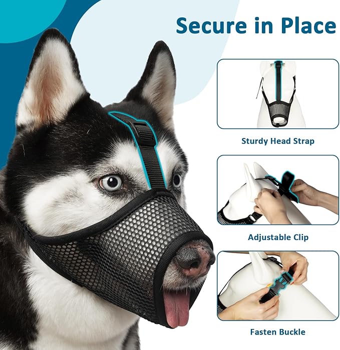 LUCKYPAW Mesh Dog Muzzle for Large Medium Small Dogs, Soft Dog Muzzle to Prevent Biting Chewing Excessive Barking with Adjustable Head Strap, Perfect for Vet Visit (Black, XXL)