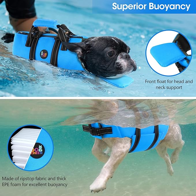 Dogcheer Dog Life Jacket with Zipper and 4ft Leash, Adjustable Pet Life Vest for Swimming Boating, High Buoyancy Flotation Swim Vest PFD for Small Medium and Large Dogs-Blue,XS