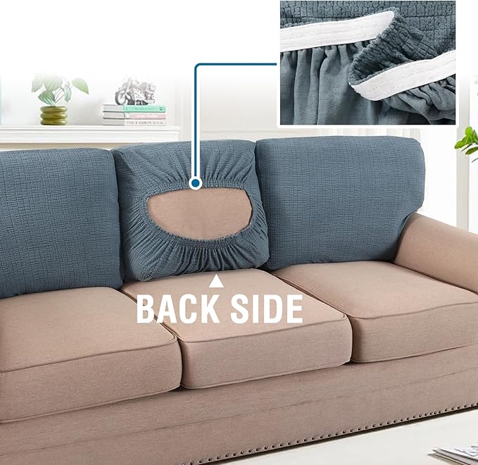 H.VERSAILTEX Jacquard Individual Couch Cushion Covers Stretch Sofa Covers for 3 Cushion Couch Anti-Slip Furniture Protector Soft Thickened Slipcovers Crizzle Pattern(3 Back Covers, Stone Blue)