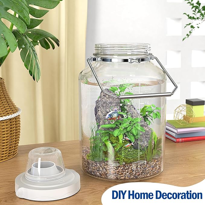 5 Gallon Air Tight Glass Storage Jars, 6.4inch Wide Mouth Canister with Stainless Steel Handle, Large Gallon Glass Jars, Glass Water Jug with Cup for Terrarium, Storage, Dog Treats, Mead Making