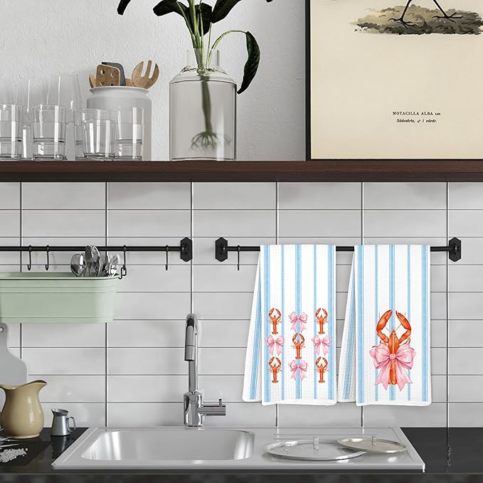 Pink Bow Lobster Coastal Kitchen Towels, Preppy Blue Striped Crawfish Beach Dish Tea Towels for Kitchen Decor, Beach Seafood Hand Towels, Seafood Boil Party Supplies, 16x24 Inch Set of 2