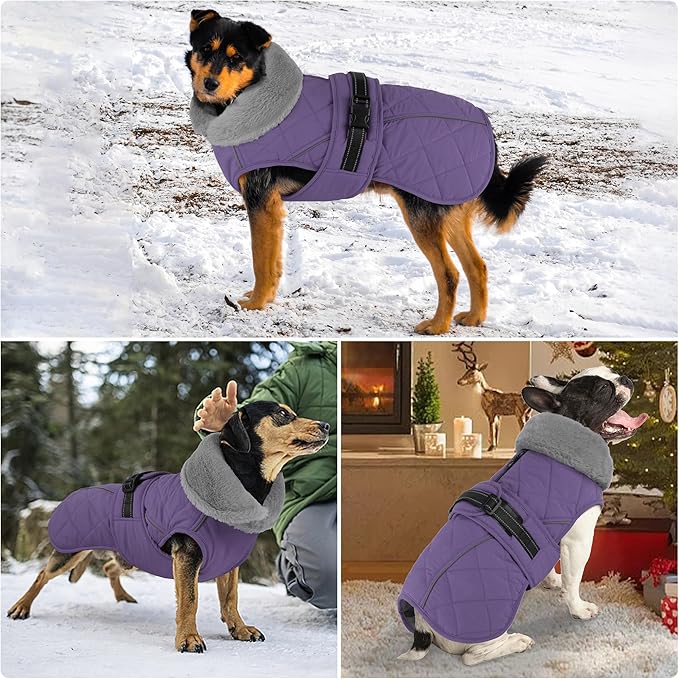 Dog Coat, Waterproof Dog Winter Jacket with Adjustable Buckle, Reflective Turtleneck Pet Snow Vest Warm Fleece Sweater for Small Medium Large Dogs - Purple, L