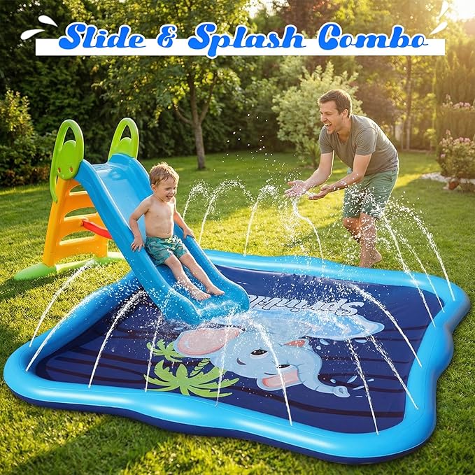 Splash Pad Sprinkler for Kids & Dog, 85" Thickened Square Splash Pad for Toddler 1-3, Elephant Outdoor Water Toy Play Mat for Children,Backyard Inflatable Sprinkler Shallow Pool Fountain Pad