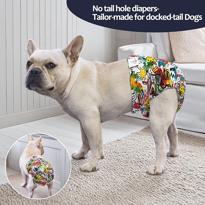 CuteBone Washable Dog Diapers Female No Tail Hole 3 Pack Reusable Doggie Period Training Pants for Docked-Tail Frenchie French Bulldog Boston Terrier Without Tail WWD27XS