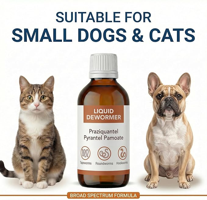 Liquid DeWormer for Dogs & Cats, Praziquantel & Pyrantel Pamoate, Targets Tapeworm, Roundworm & Hookworm, Dewormer for Puppies(6-25 lbs) & Kittens, Broad Spectrum - 100mL