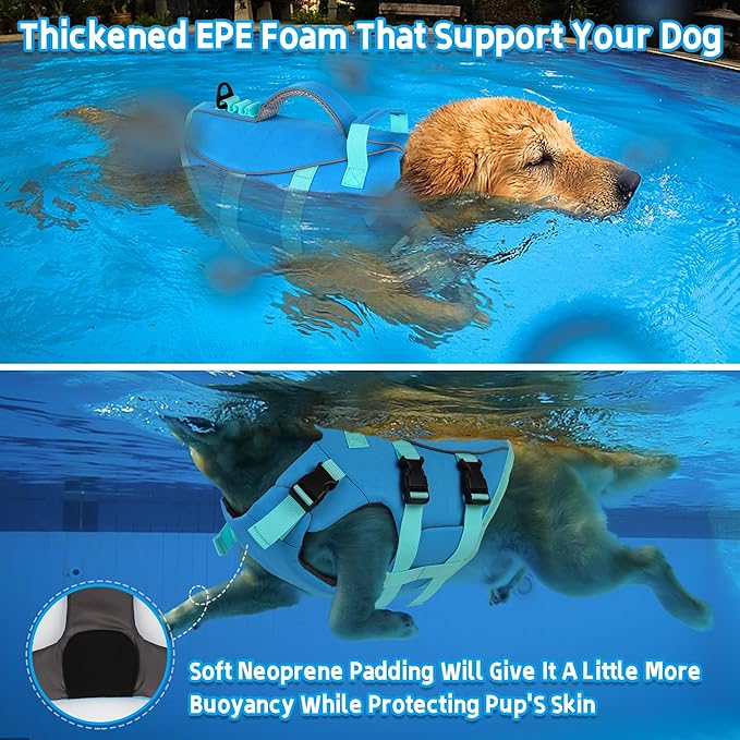 Dogcheer Dog Life Jacket with Double Rescue Handle, Reflective Dog Harness Life Vest for Swimming Boating, Adjustable Pet Swim Vest Dog Flotation Device DFD for Small Medium Large Dogs - Blue L
