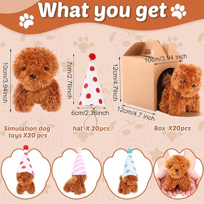 20 Set Mini Plush Toy Stuffed Animals Dogs Set with Birthday Hats Kraft Paper Boxes Small Stuffed Puppy Adopt Pet Gift for Adoption Event Animal Theme Birthday Stocking Stuffers(Dog)