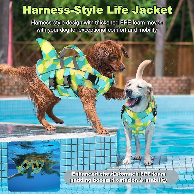 Dogcheer Shark Fin Dog Life Jacket, Adjustable Dog Harness Life Vest for Swimming Boating, Puppy Swim Vest Pet Flotation Device for Small Medium Large Dogs - Colorful Green,S