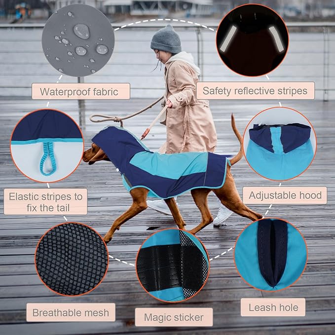 IECOii Dog Raincoat, Waterproof & Windproof Dog Rain Jacket with Reflective Strips for Rainy Walks,Pet Rain Poncho with Hood,Quick Dry,Easy to Wear,3XL Fits for Large Breeds,Blue,XXXL