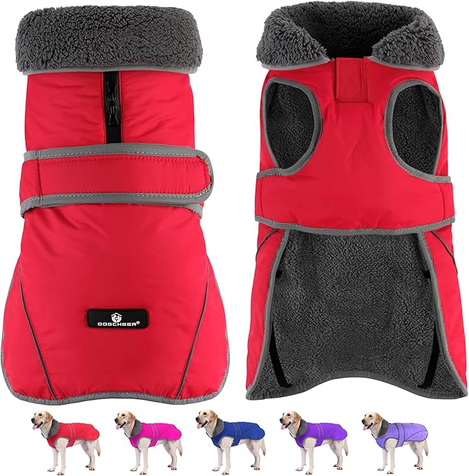 Dogcheer Dog Coat, Waterproof Dog Jacket Reflective Pet Winter Coat with Adjustable Hook & Loop, Christmas Puppy Fleece Jacket Warm Turtleneck Snowsuit for Small Medium Large Dogs - Red, XL