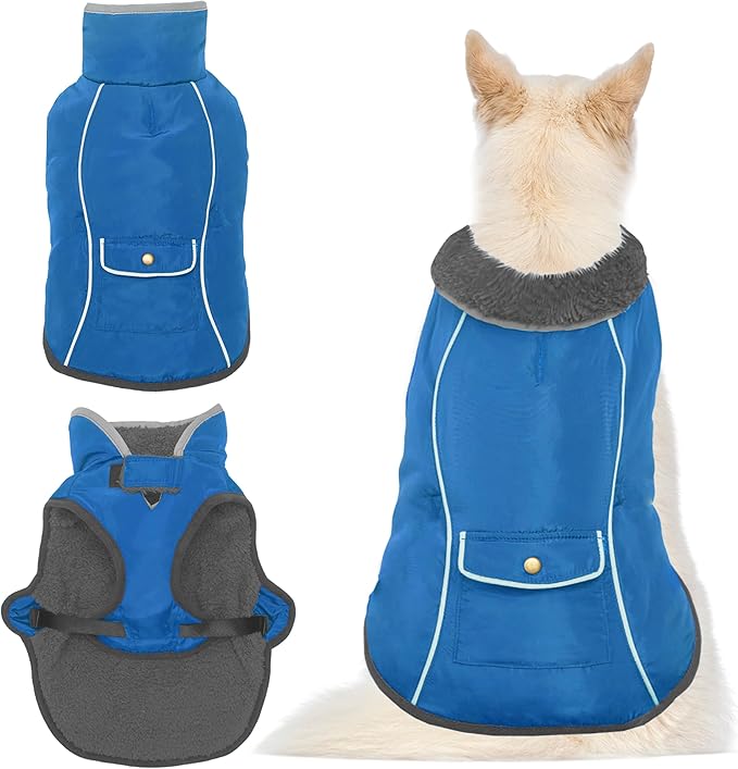Dog Winter Coat - Warm Dog Clothes for Rain Snow Wind Cold Weather - Reflective Blue Adjustable Windproof Pet Vest Jacket with Leash Hole for Small Medium Large Dogs Indoor Outdoor