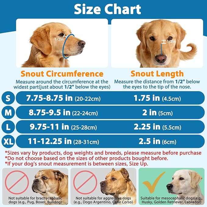 LUCKYPAW Dog Muzzle for Small Medium Large Dog Labrador Golden Retriever German Shepherd, Soft Oxford Cloth Muzzle to Prevent Biting Chewing for Training Grooming with Buckle Reflective Strip(Blue,M)