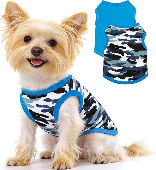 2 Pack Dog Shirt for Small Dogs Girl Boy Camouflage Puppy Clothes Pet T Shirts Dog Clothes for Small Dogs Cats Apparel (Blue Camouflage + Solid Color, Medium)
