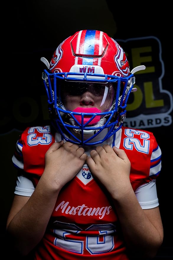 DAMAGE CONTROL Youth Football Mouth Guard – Breathable No Boil Mouthpiece, Protects Lips & Teeth, Works with Braces, Includes Helmet Strap – Sports Gear & Accessories (Hot Pink)