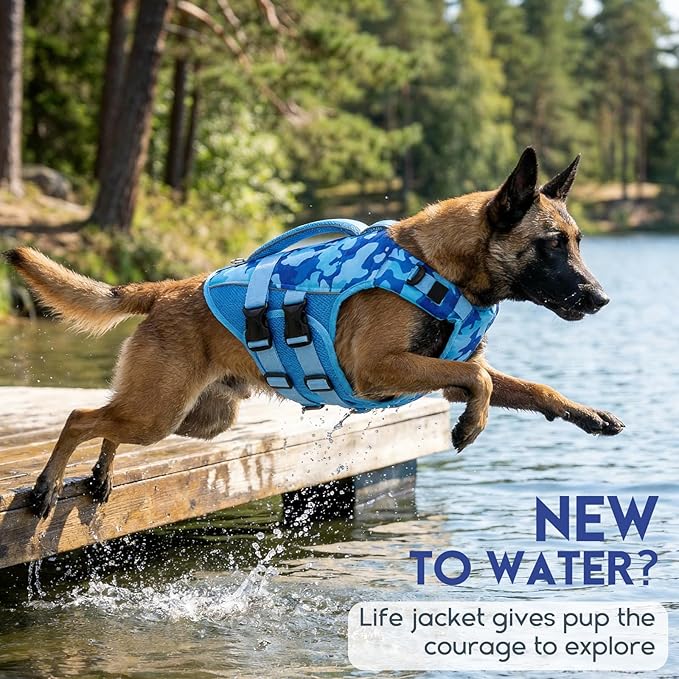 ASENKU Dog Life Jacket, High Floatation Dog Swimming Vest with Rescue Handles for Small Medium Large Dogs, Pet Safety Swimsuit Preserver for Pool Beach Boating (Blue Camo, 2XL)