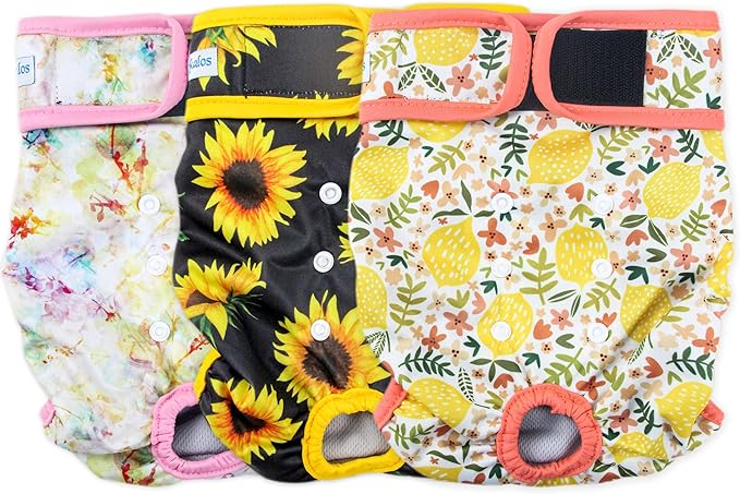Leekalos Reusable Washable Dog Diapers Female (3 Pack) - Highly Absorbent Doggie Diapers - Size Adjustable Puppy Diapers for Dog Period Panties (Large, Sunflower)