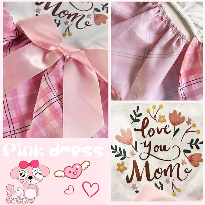 Idepet Dog Dress Love You Mom, Mother's Day Dog Dresses Puppy Skirt Pet Apparel Daisy Sleeveless Holiday Clothes for Small Dogs Girls and Cats, Pink Plaid,XXS