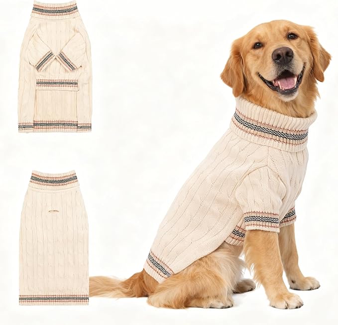 Small/Medium Dog Sweater, Warm Dog Winter Coat w/Sleeves, Comfortable High Neck & Leash Hole, Premium Dog Clothes for Golden Retriever-Best for Holidays, Daily Walks XXL White