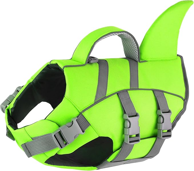 Dogcheer Shark Fin Dog Life Jacket, Adjustable Dog Harness Life Vest for Swimming Boating, Reflective Puppy Swim Vest Pet Flotation Device for Small Medium Large Dogs - Green,L