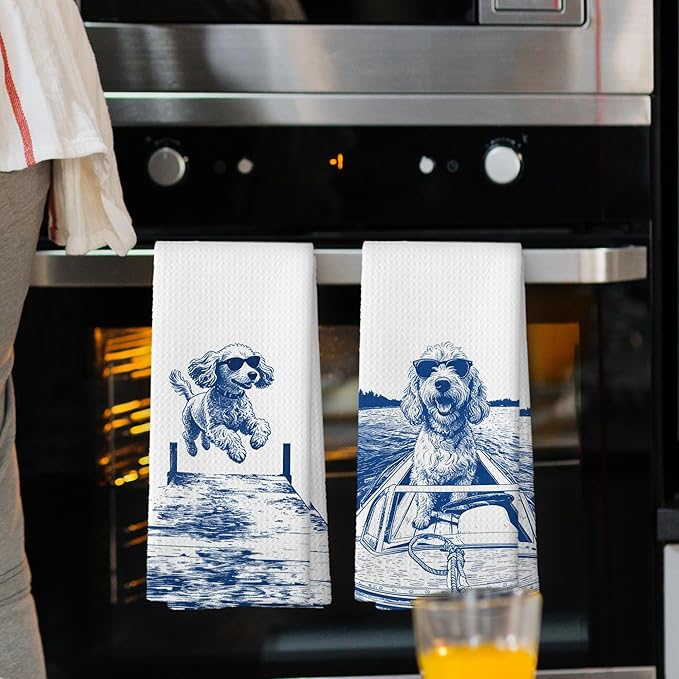 Lake House Decor Cocker Spaniel Kitchen Towels Set of 2, Summer Funny Lake Dog Coastal Bathroom Hand Towel, Dog Lover Gifts Tea Towel Dish Towels 16x24 Inch